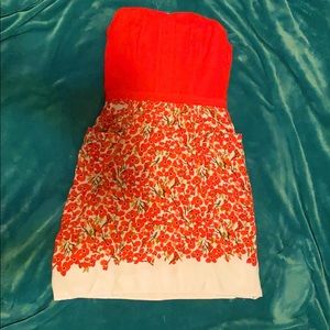 Red/Teal/Red Flowers Strapless Dress Medium